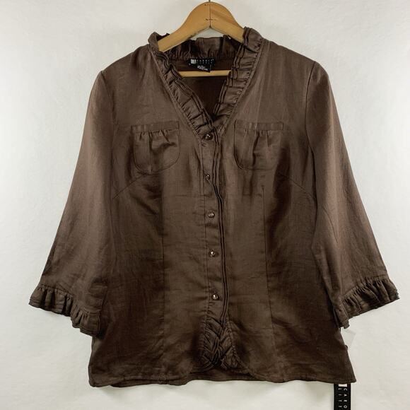 Carole Little Womens 100% Linen Ruffle Button Top Sz M Brown Coastal Boho New - Picture 1 of 12